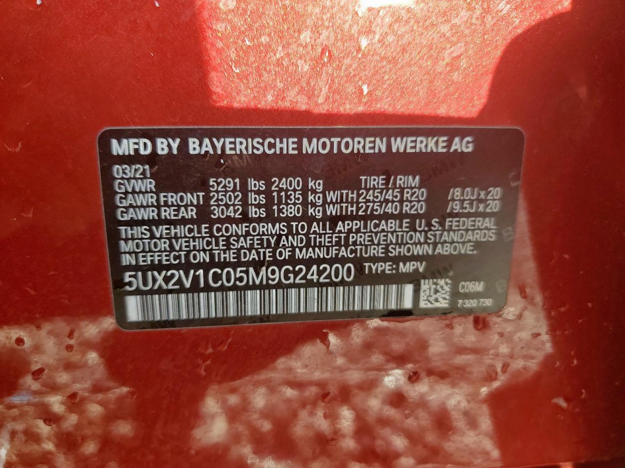2021 BMW X4 xDrive30I VIN: 5UX2V1C05M9G24200 Lot: 62928965
