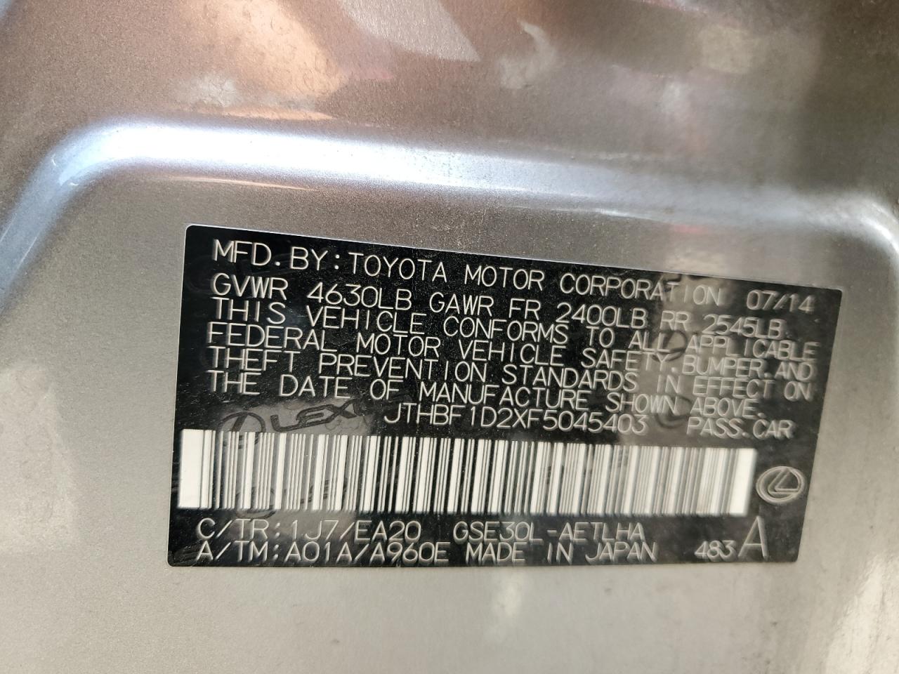 2015 Lexus Is 250 VIN: JTHBF1D2XF5045403 Lot: 64090965