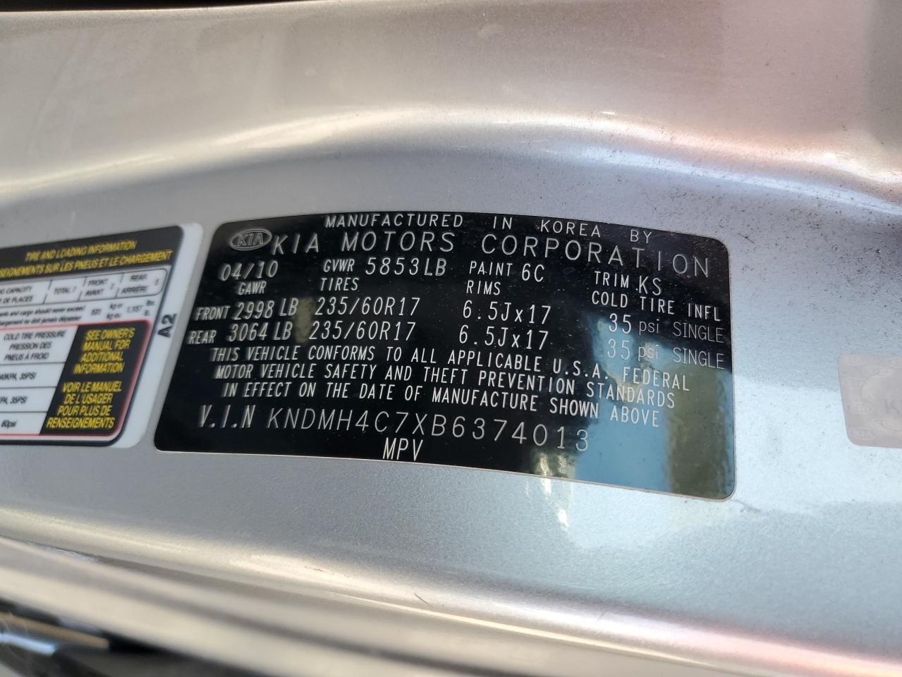 2011 Kia Sedona Ex VIN: KNDMH4C7XB6374013 Lot: 67049265