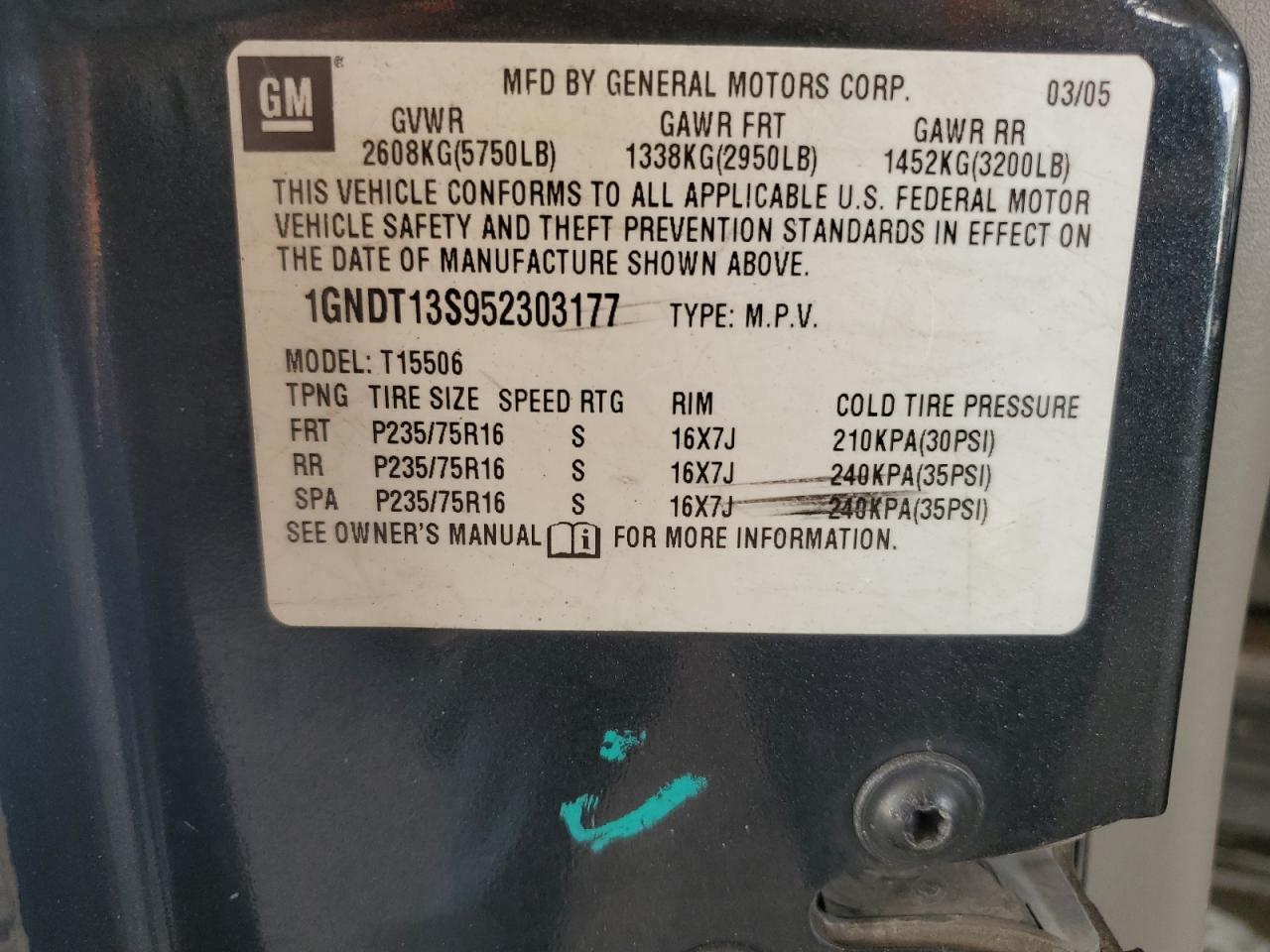 1gndt13s952303177 1GNDT13S952303177 2005 Chevrolet Trailblazer Ls