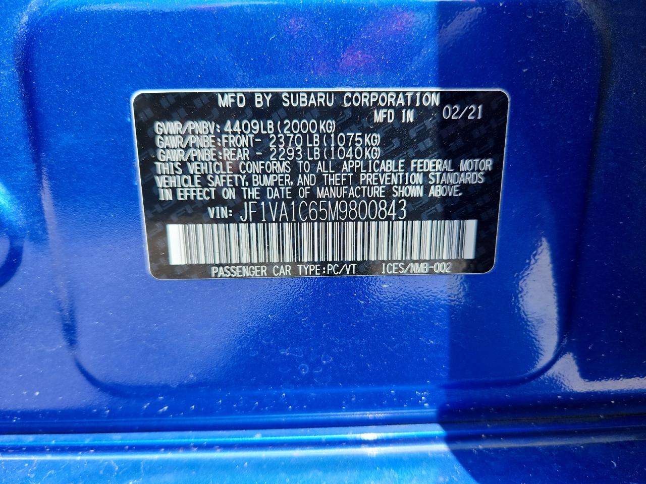 2021 Subaru Wrx Premium VIN: JF1VA1C65M9800843 Lot: 62856055
