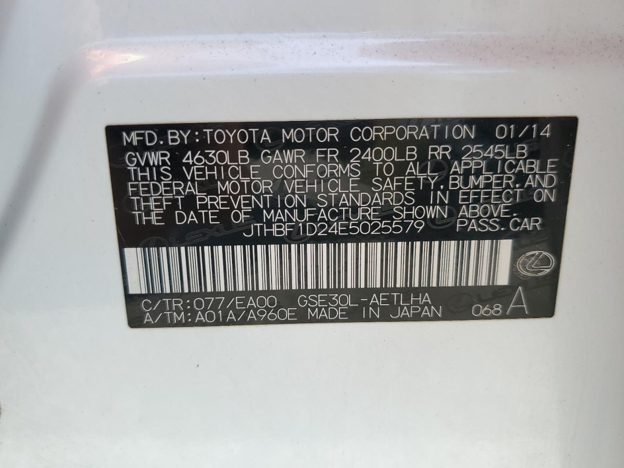 2014 Lexus Is 250 VIN: JTHBF1D24E5025579 Lot: 65088015
