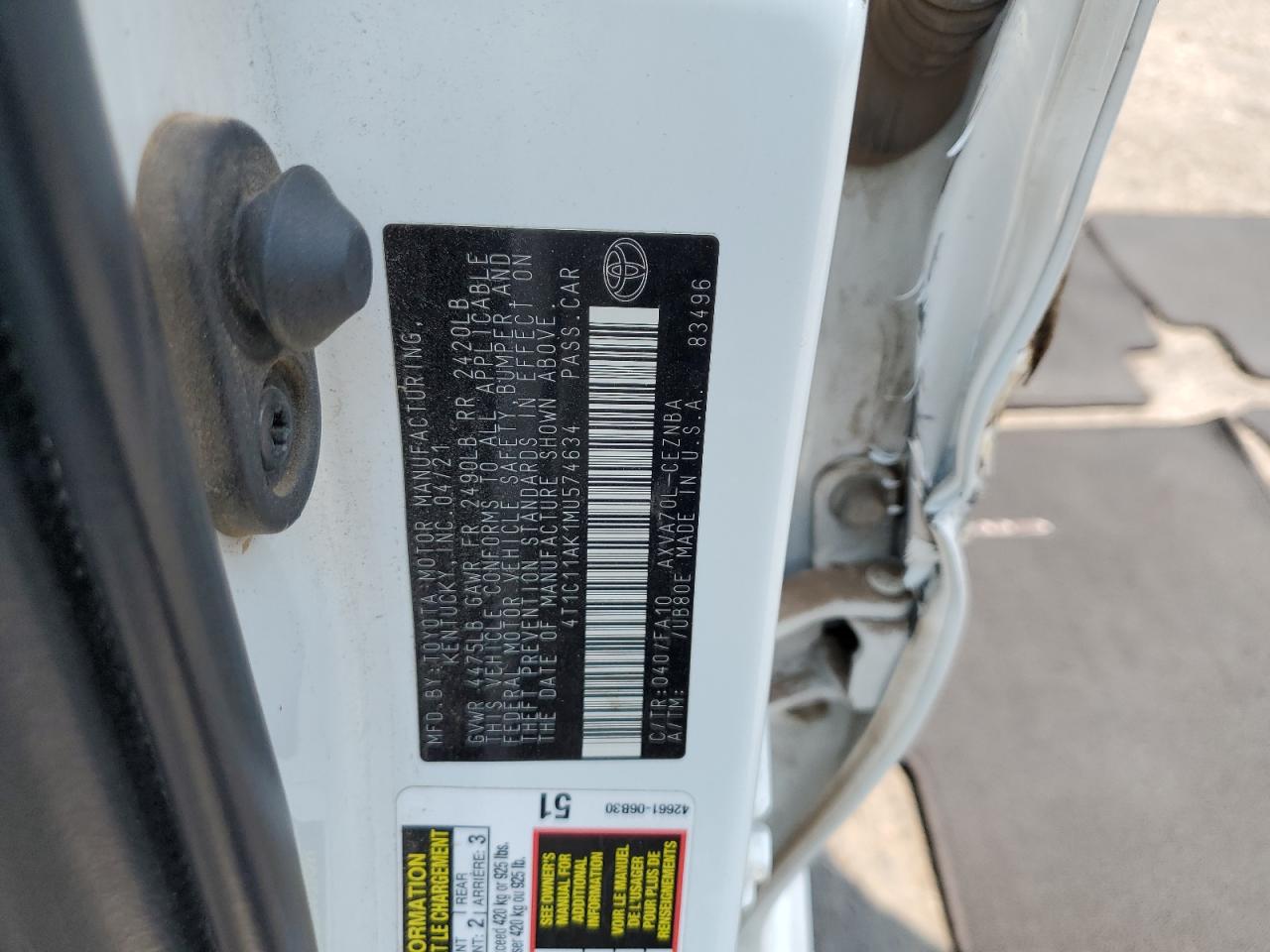 2021 Toyota Camry Le VIN: 4T1C11AK1MU574634 Lot: 64783115