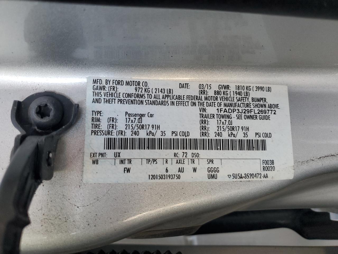 2015 Ford Focus Titanium VIN: 1FADP3J29FL269772 Lot: 63290225