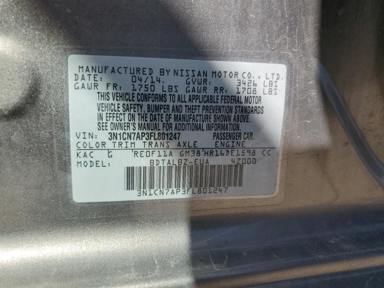 2015 Nissan Versa S VIN: 3N1CN7AP3FL801247 Lot: 64725345