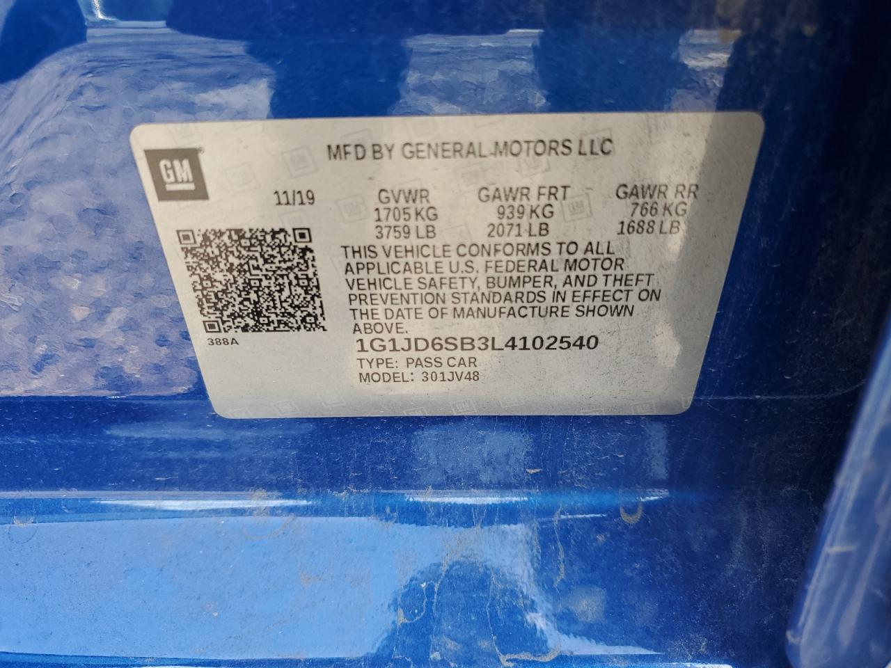 2020 Chevrolet Sonic Lt VIN: 1G1JD6SB3L4102540 Lot: 63662965