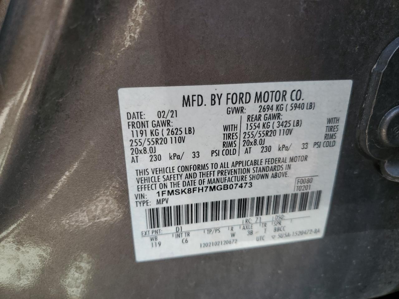 1FMSK8FH7MGB07473 2021 Ford Explorer Limited