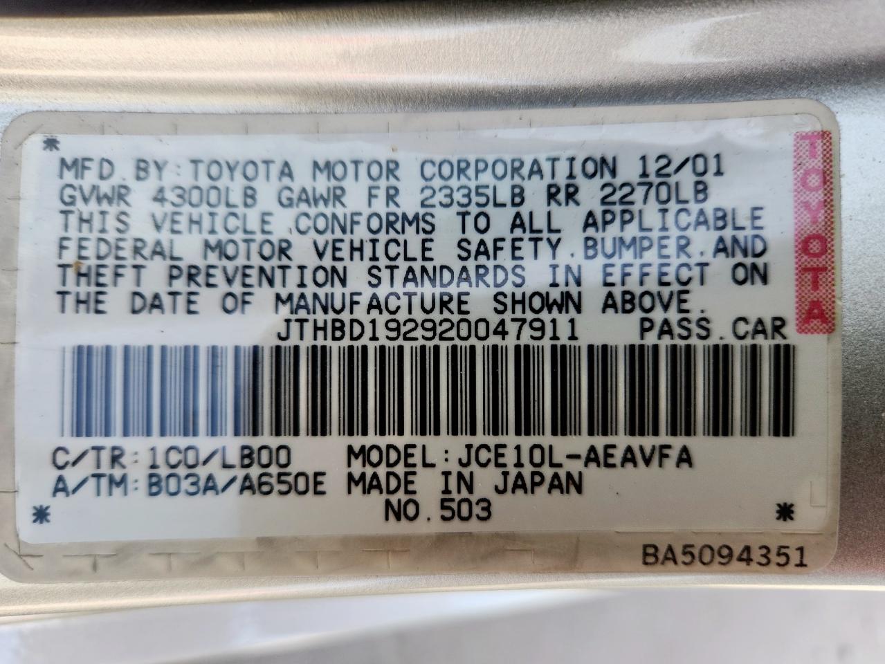 2002 Lexus Is 300 VIN: JTHBD192920047911 Lot: 62524445
