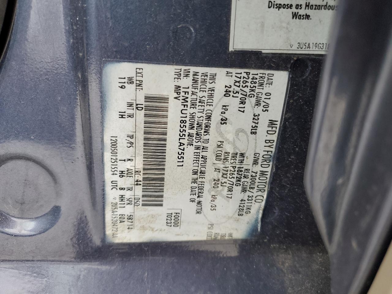 2005 Ford Expedition Eddie Bauer VIN: 1FMFU18555LA75511 Lot: 63407145
