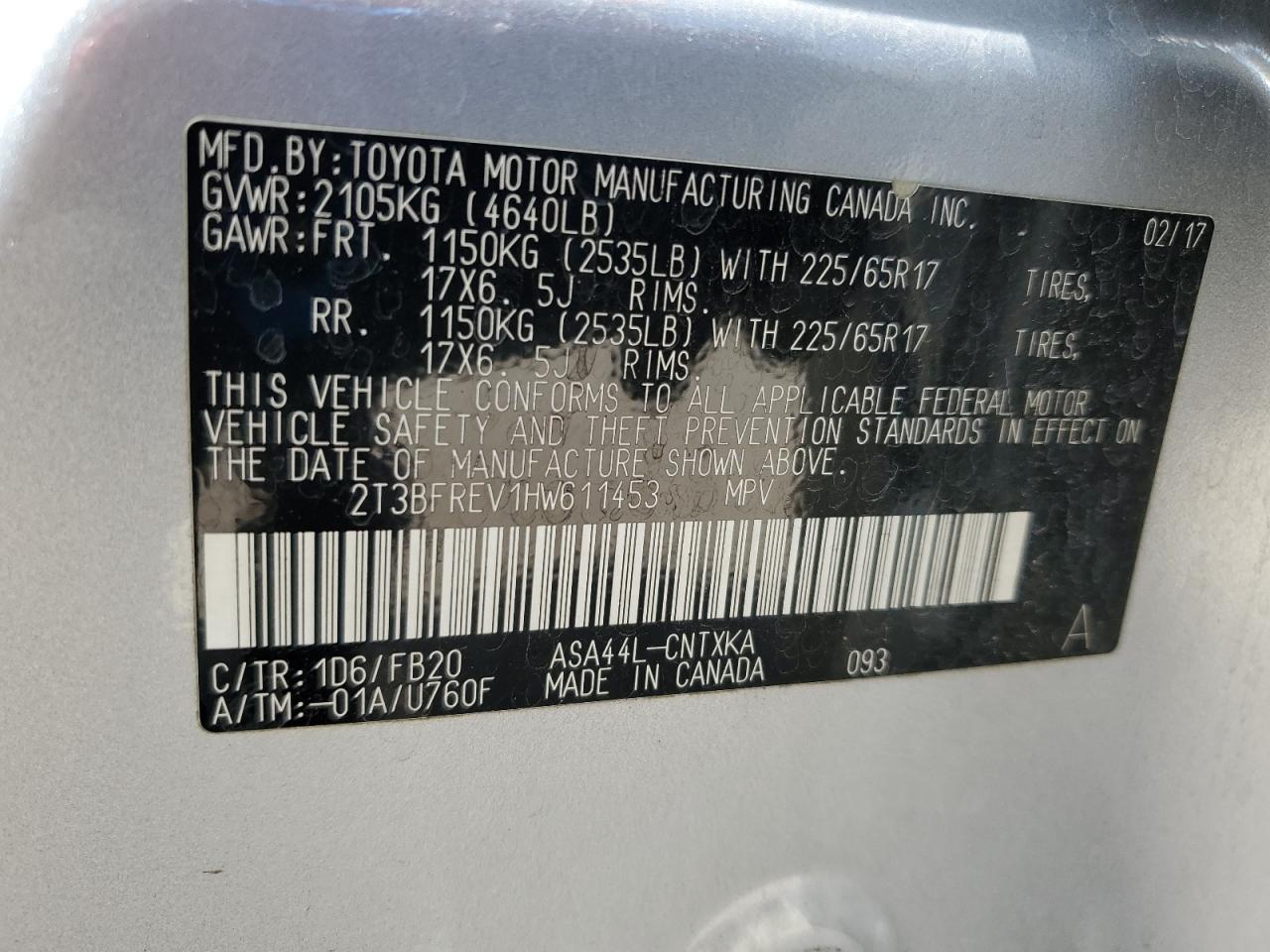 2017 Toyota Rav4 Le VIN: 2T3BFREV1HW611453 Lot: 63916225
