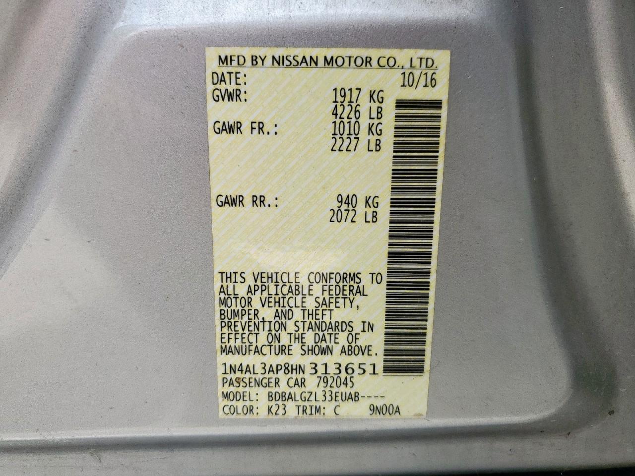 2017 Nissan Altima 2.5 VIN: 1N4AL3AP8HN313651 Lot: 63135475