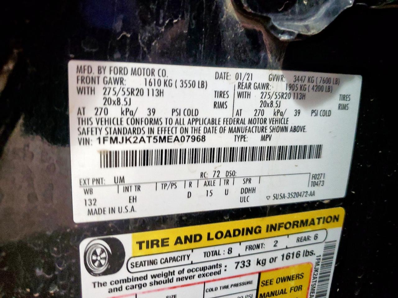 2021 Ford Expedition Max Limited VIN: 1FMJK2AT5MEA07968 Lot: 63852385