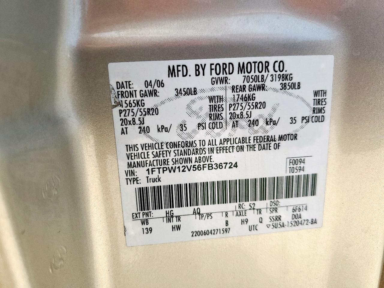 2006 Ford F150 Supercrew VIN: 1FTPW12V56FB36724 Lot: 63347615
