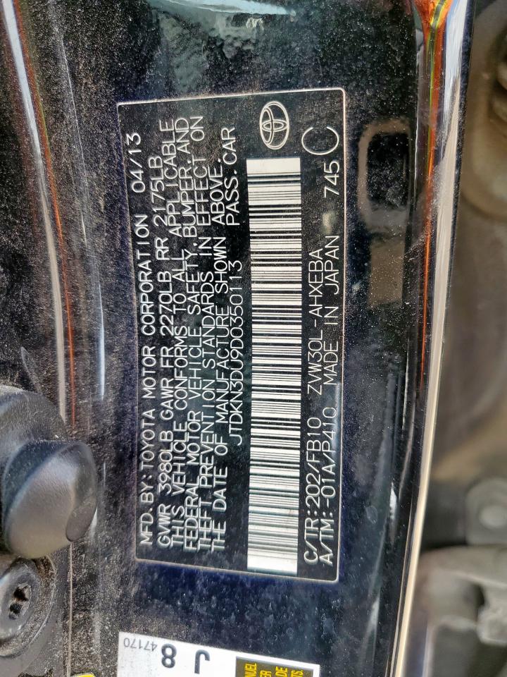 2013 Toyota Prius VIN: JTDKN3DU9D0350113 Lot: 64700475