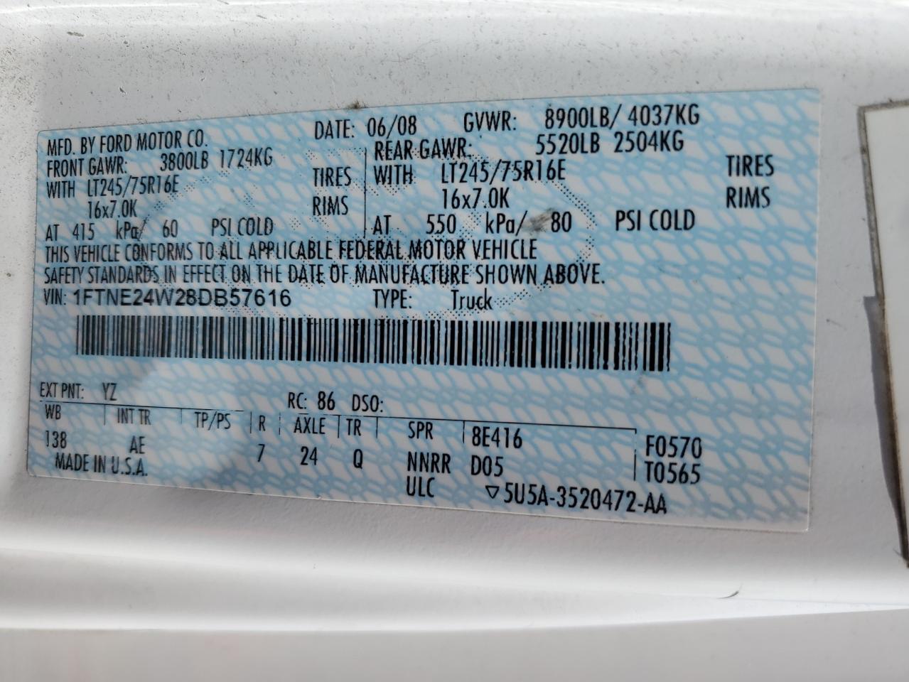 2008 Ford Econoline E250 Van VIN: 1FTNE24W28DB57616 Lot: 64899875