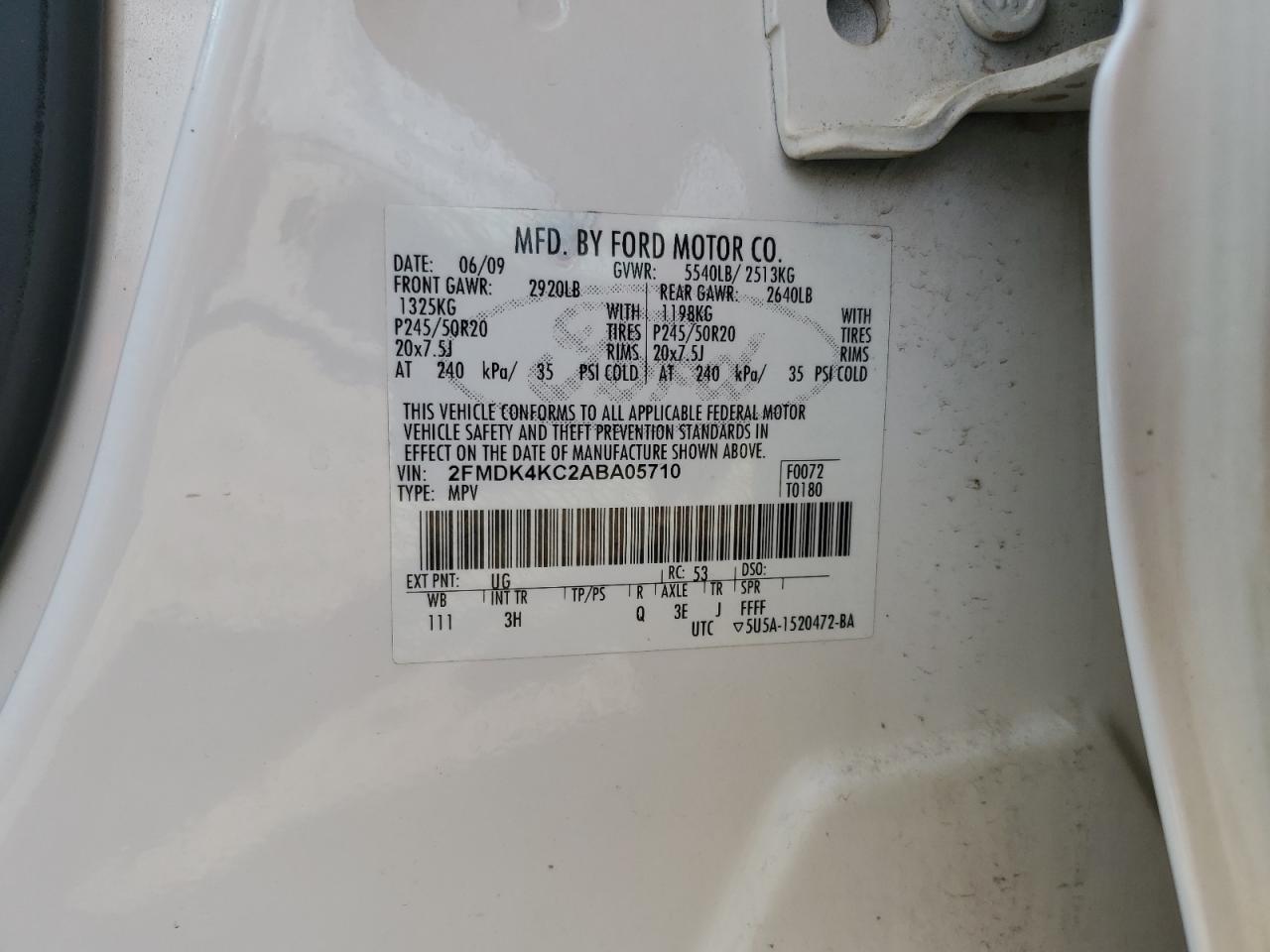 2010 Ford Edge Limited VIN: 2FMDK4KC2ABA05710 Lot: 65377995