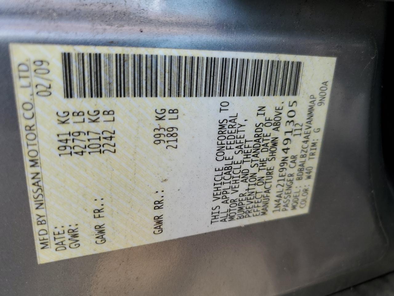 2009 Nissan Altima 2.5 VIN: 1N4AL21E99N491305 Lot: 64597945