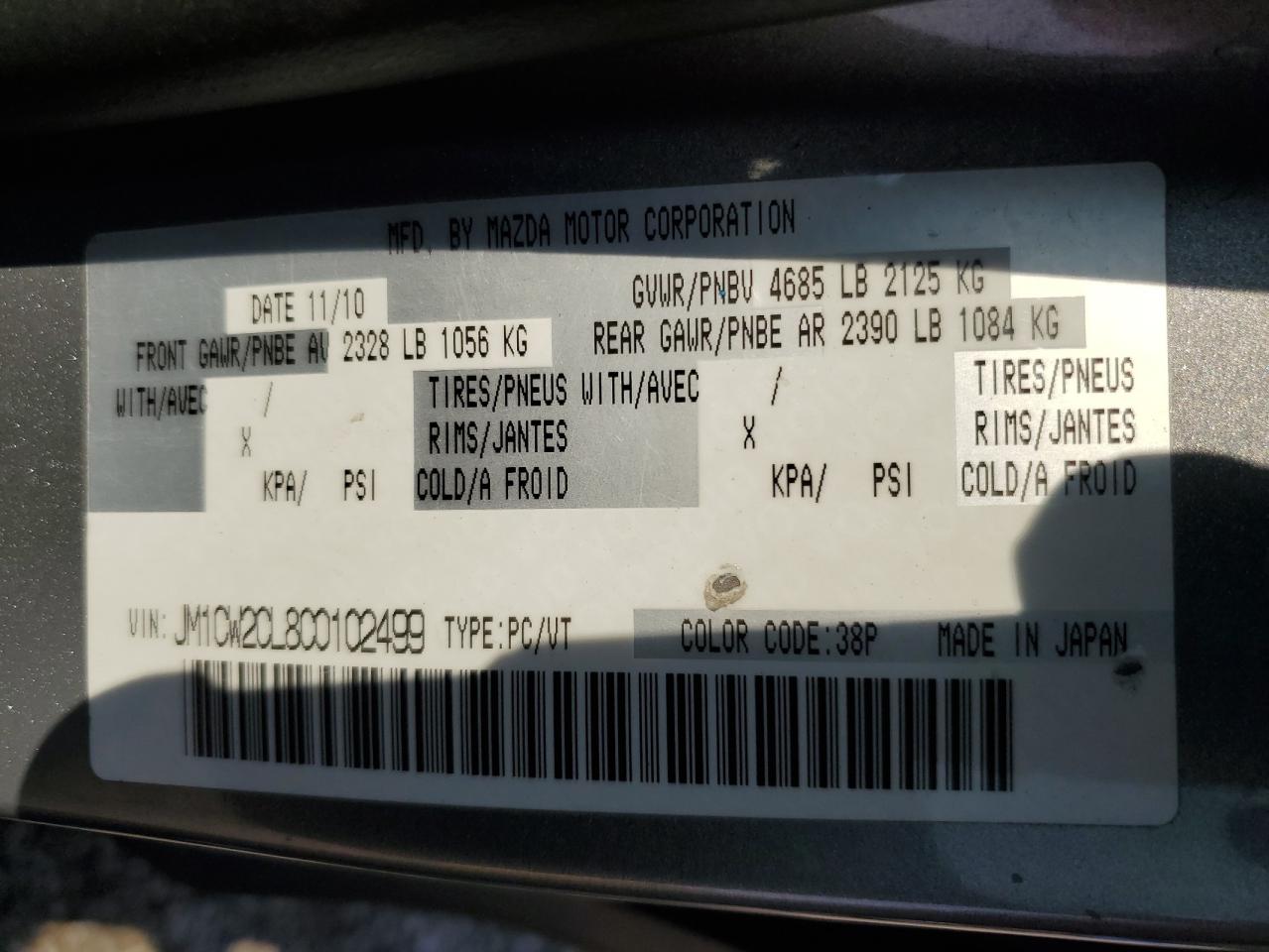 2012 Mazda 5 VIN: JM1CW2CL8C0102499 Lot: 61936955