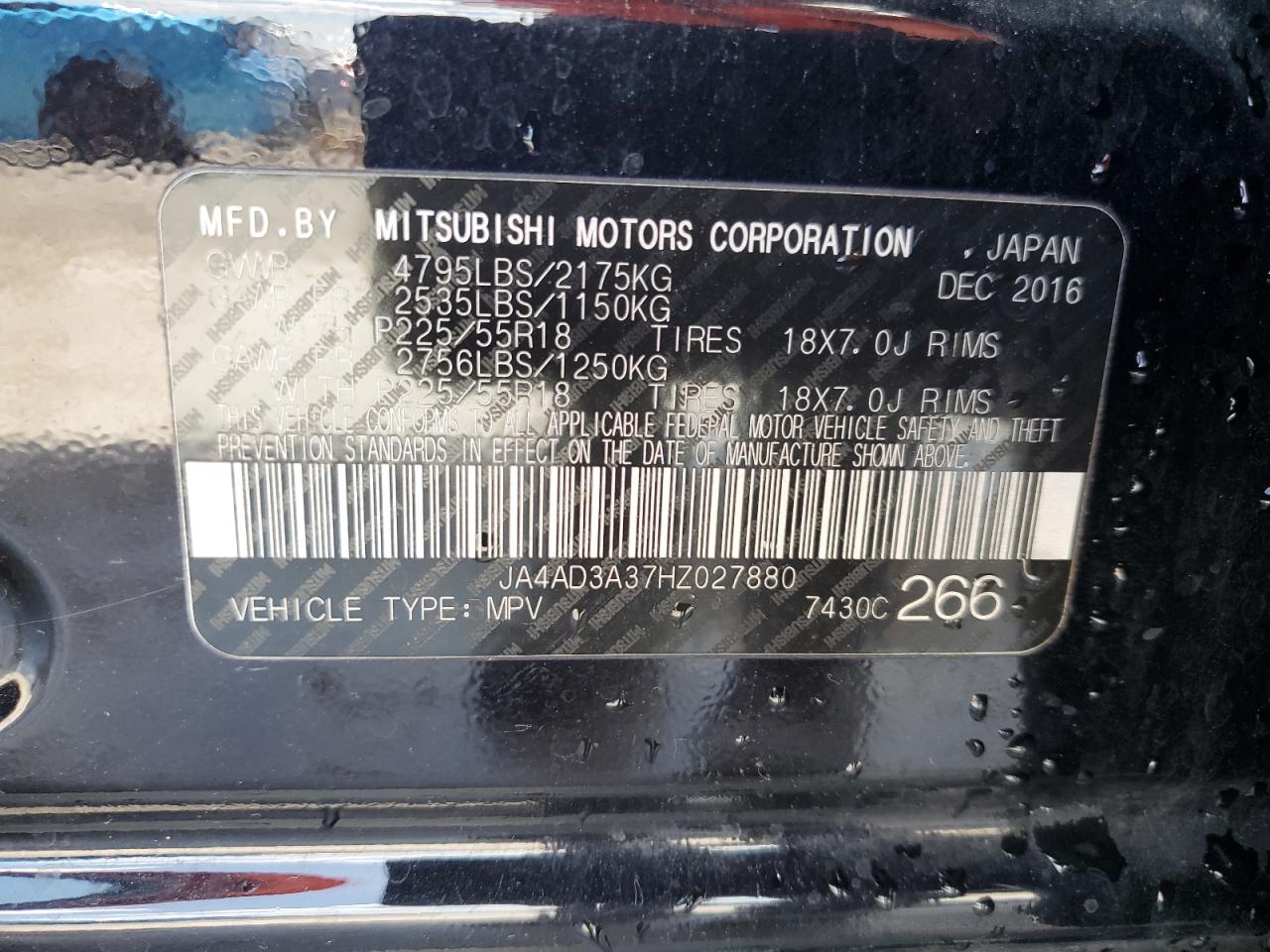 2017 Mitsubishi Outlander Se VIN: JA4AD3A37HZ027880 Lot: 65224365
