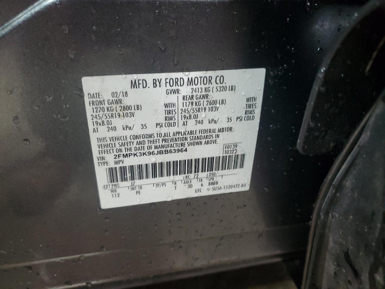 2018 Ford Edge Titanium VIN: 2FMPK3K96JBB63964 Lot: 65487105