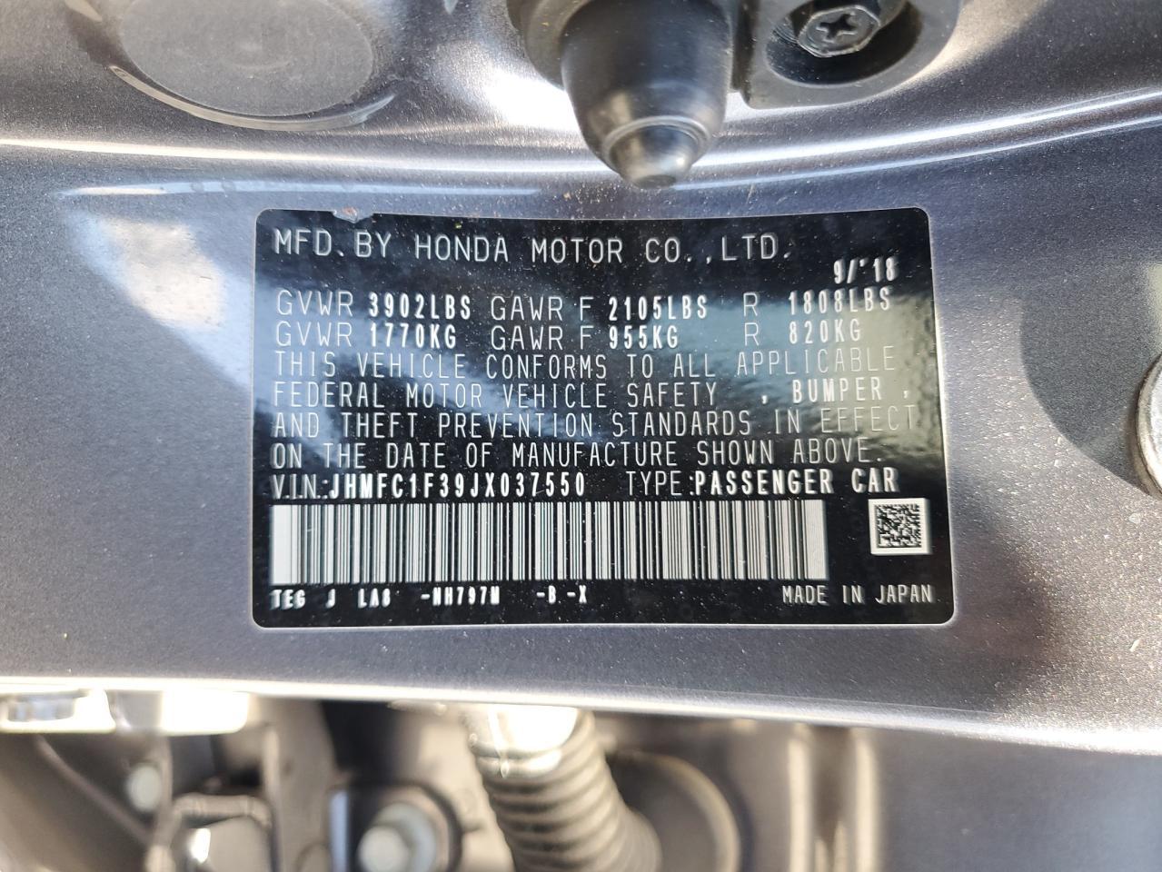 2018 Honda Civic Ex VIN: JHMFC1F39JX037550 Lot: 65715205