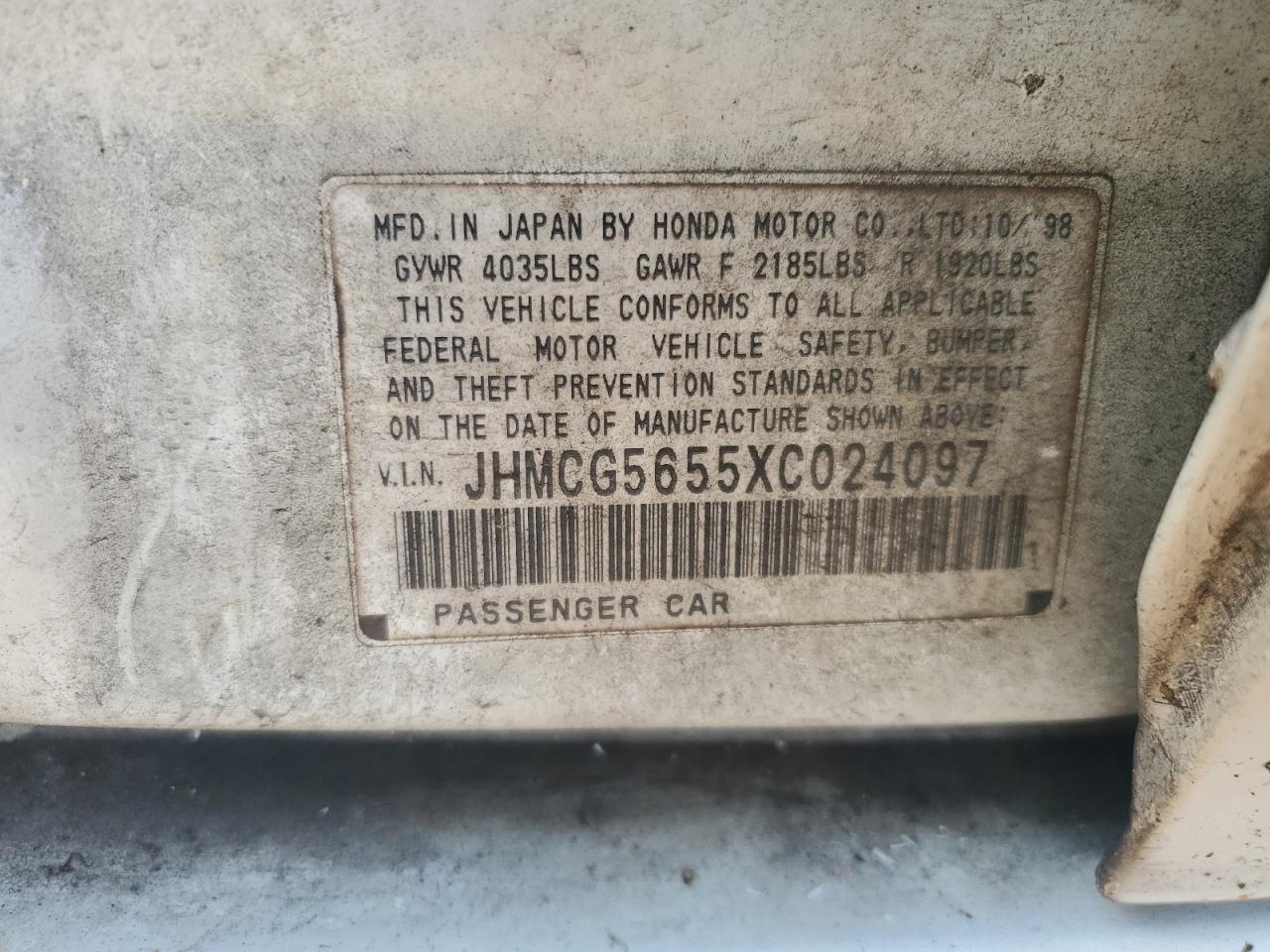 1999 Honda Accord Ex VIN: JHMCG5655XC024097 Lot: 63282155