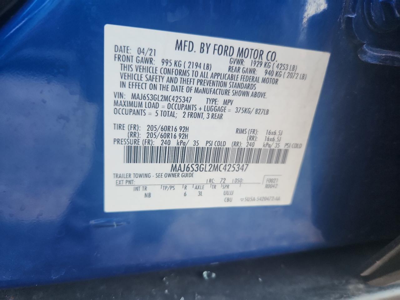 2021 Ford Ecosport Se VIN: MAJ6S3GL2MC425347 Lot: 64750795