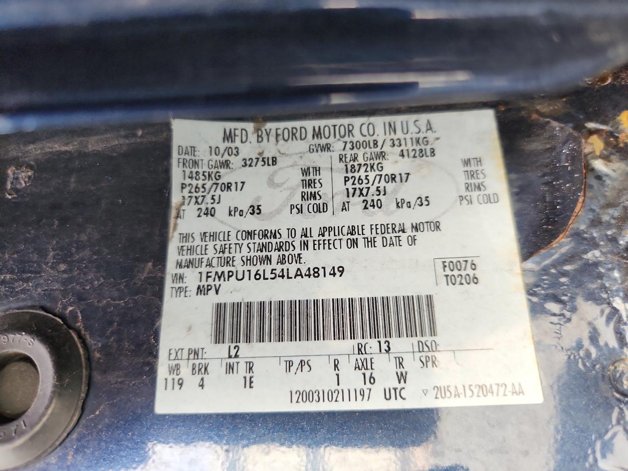 2004 Ford Expedition Xlt VIN: 1FMPU16L54LA48149 Lot: 62563685