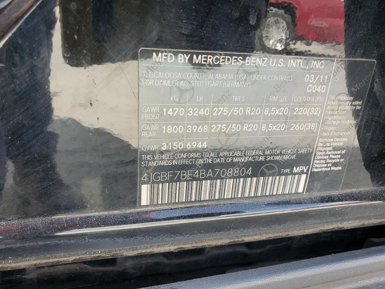 2011 Mercedes-Benz Gl 450 4Matic VIN: 4JGBF7BE4BA708804 Lot: 63011575