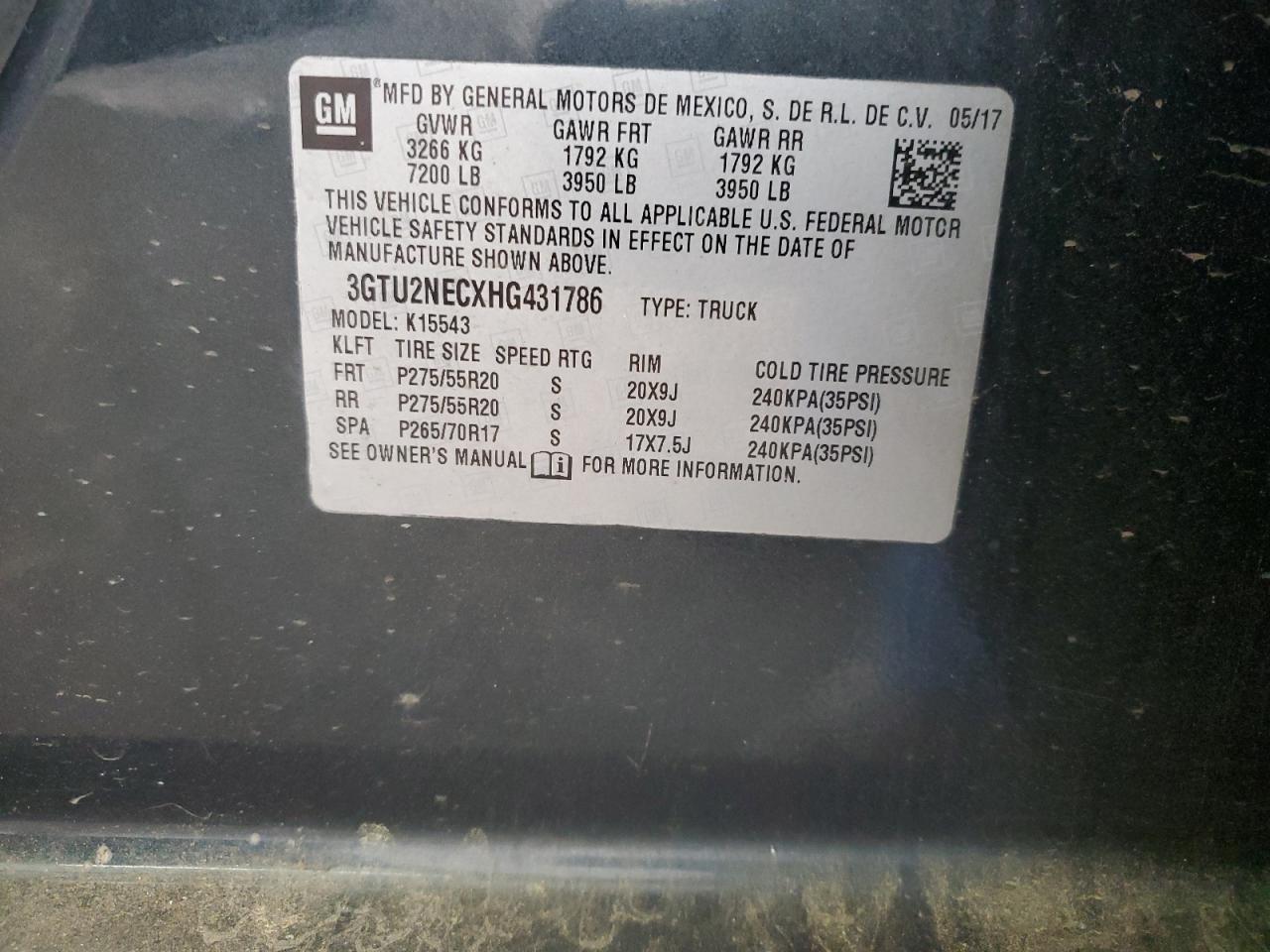 2017 GMC Sierra K1500 Slt VIN: 3GTU2NECXHG431786 Lot: 64942645