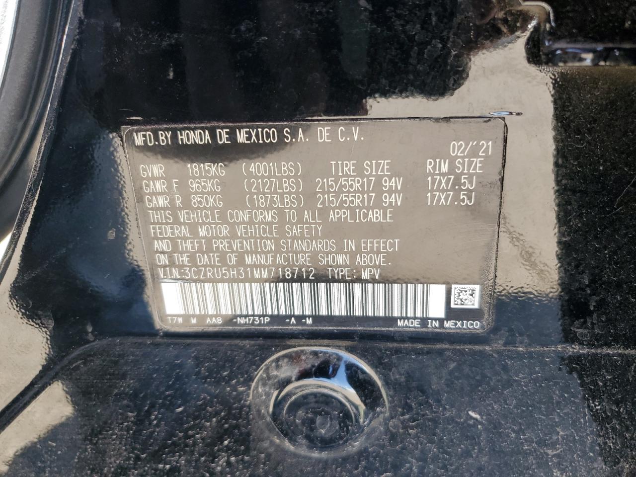 2021 Honda Hr-V Lx VIN: 3CZRU5H31MM718712 Lot: 62857525