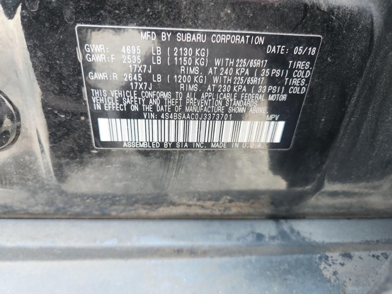 2018 Subaru Outback 2.5I VIN: 4S4BSAAC0J3373701 Lot: 64133485