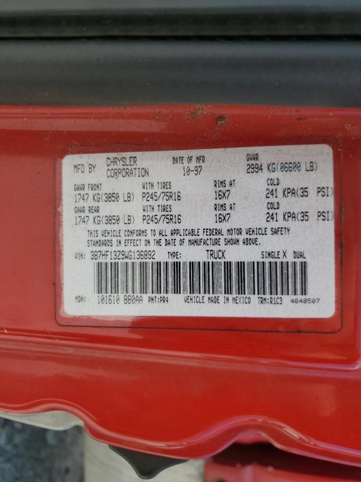 1998 Dodge Ram 1500 VIN: 3B7HF13Z9WG136892 Lot: 63409455
