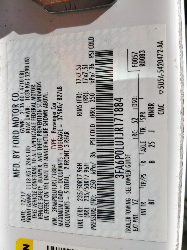 2018 Ford Fusion Se Hybrid VIN: 3FA6P0LU1JR171884 Lot: 66078025