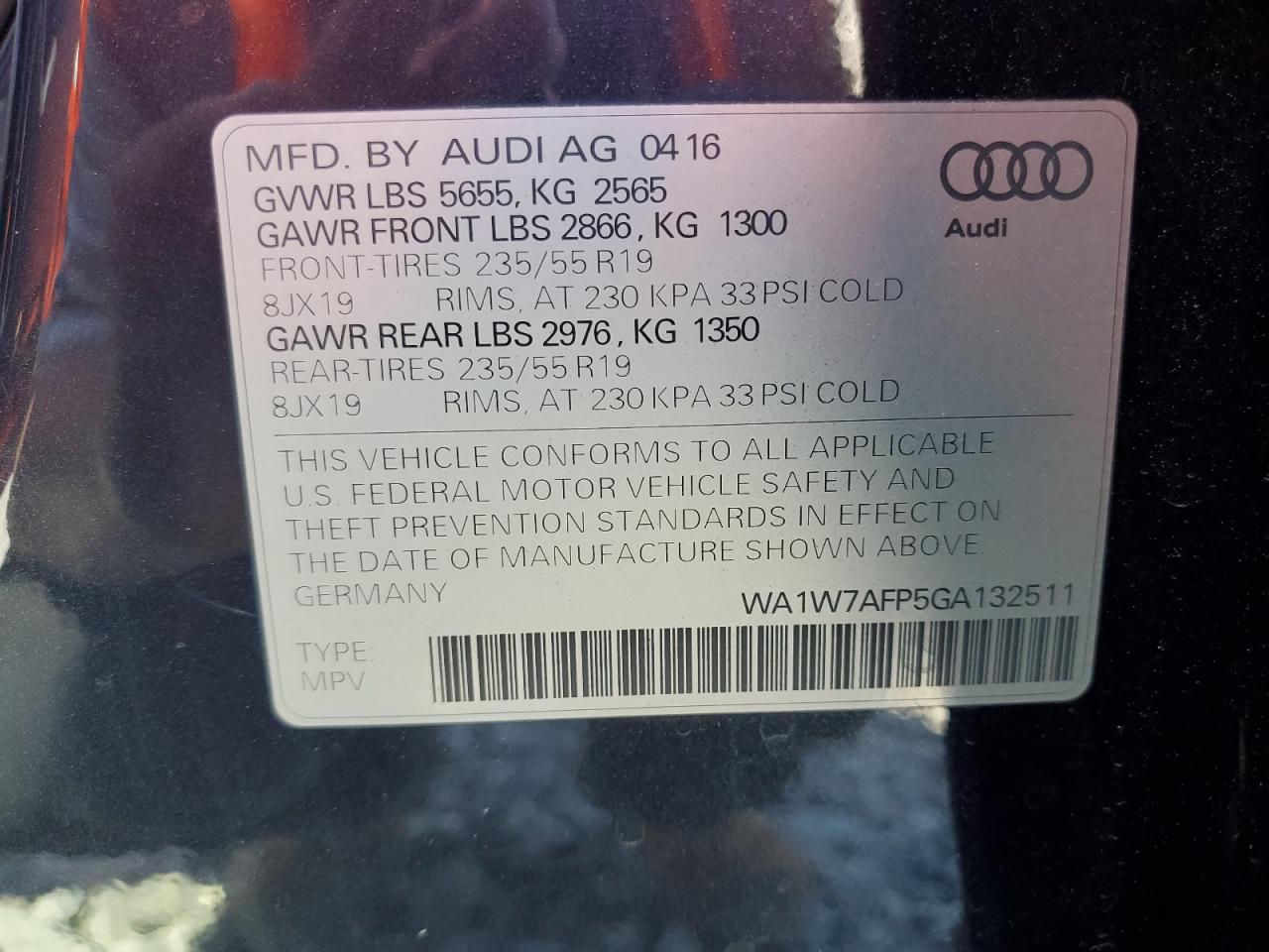 2016 Audi Q5 Prestige S-Line VIN: WA1W7AFP5GA132511 Lot: 65149665