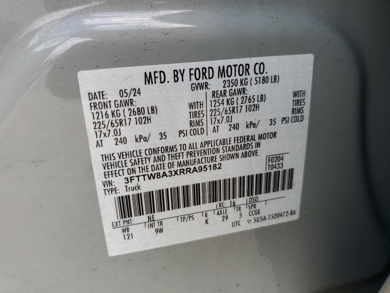 2024 Ford Maverick Xl VIN: 3FTTW8A3XRRA95182 Lot: 62021215