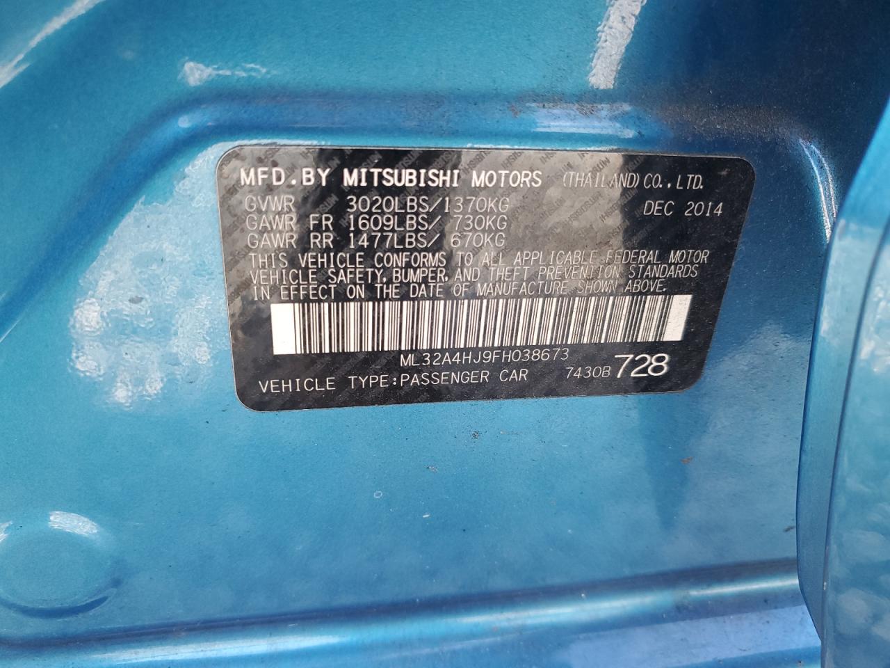 2015 Mitsubishi Mirage Es VIN: ML32A4HJ9FH038673 Lot: 64695355