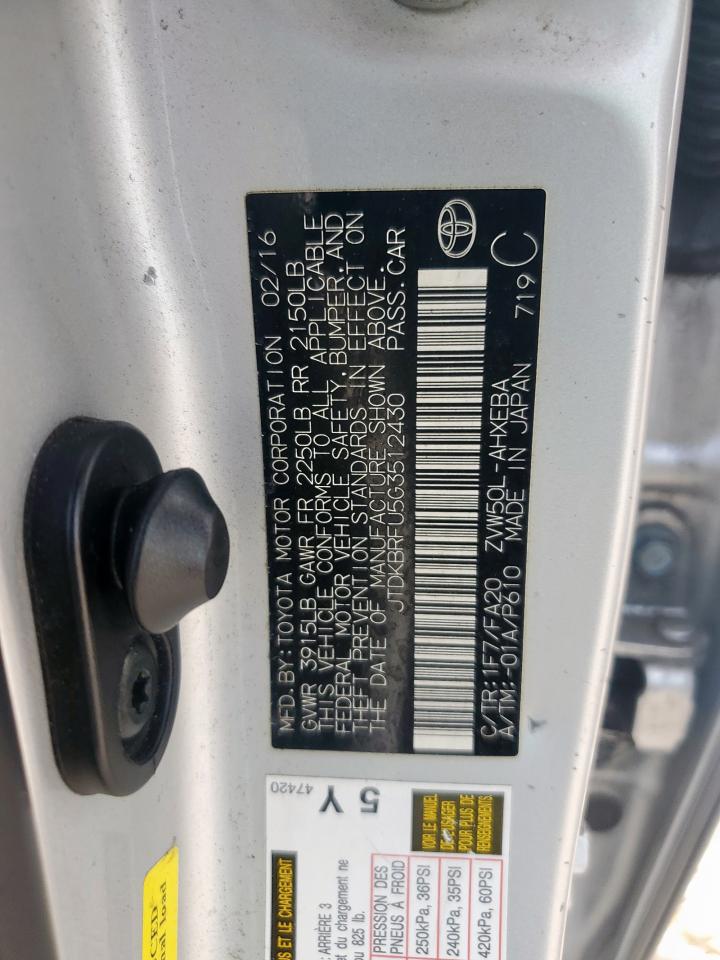 2016 Toyota Prius VIN: JTDKBRFU5G3512430 Lot: 63460455
