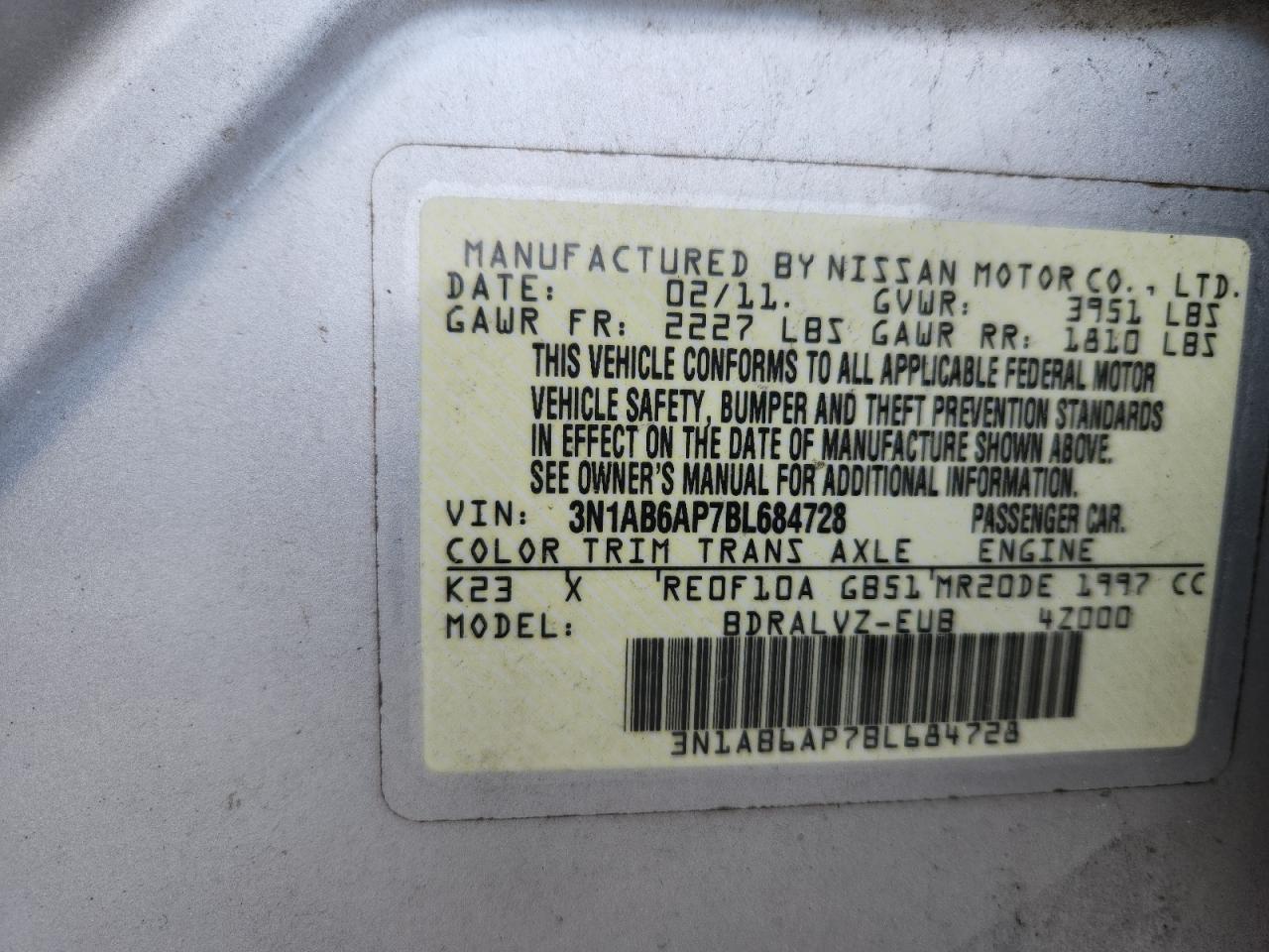 2011 Nissan Sentra 2.0 VIN: 3N1AB6AP7BL684728 Lot: 62940445