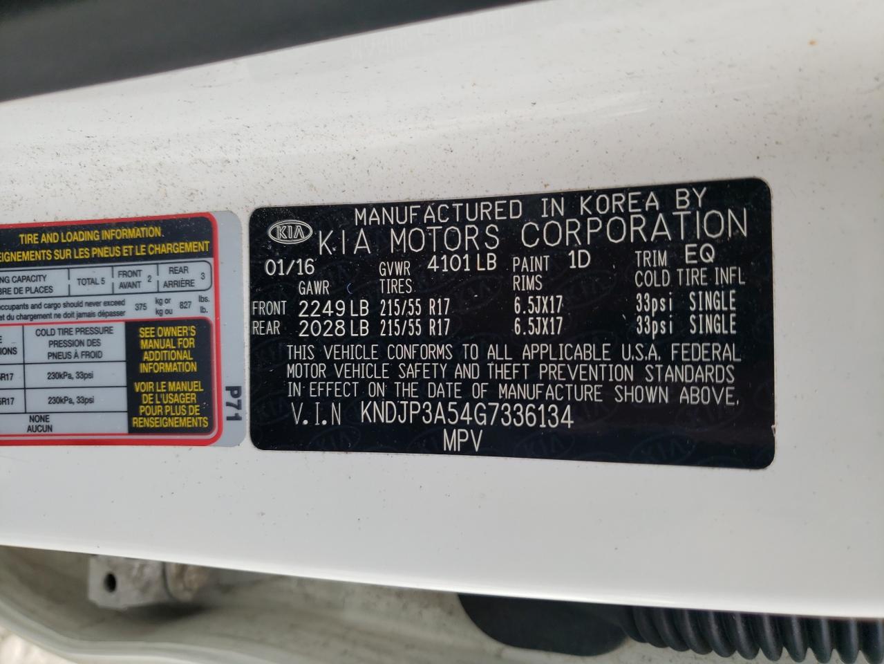 2016 Kia Soul + VIN: KNDJP3A54G7336134 Lot: 65261495