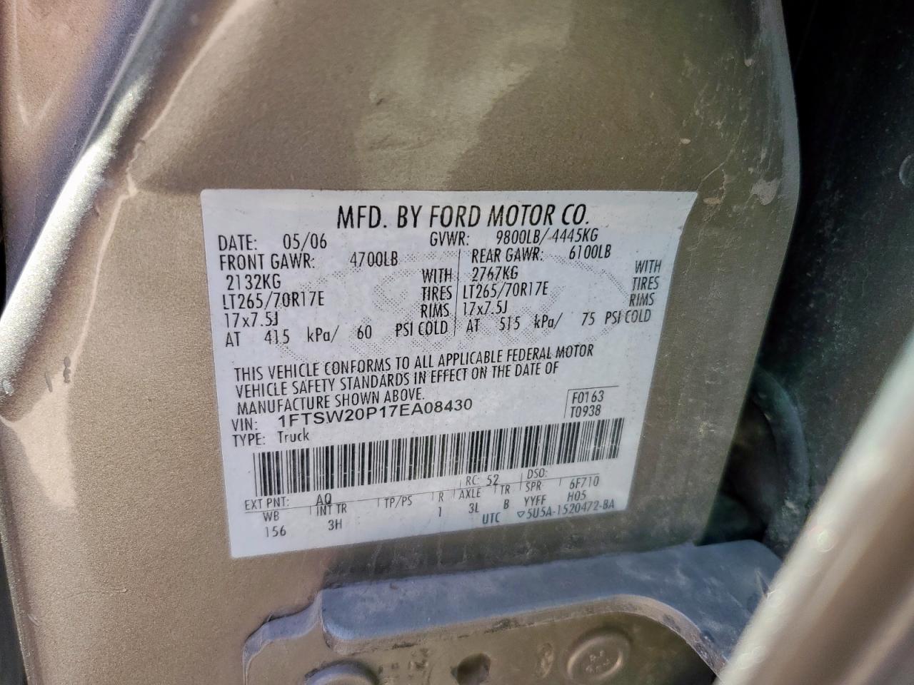 2007 Ford F250 Super Duty VIN: 1FTSW20P17EA08430 Lot: 65404585