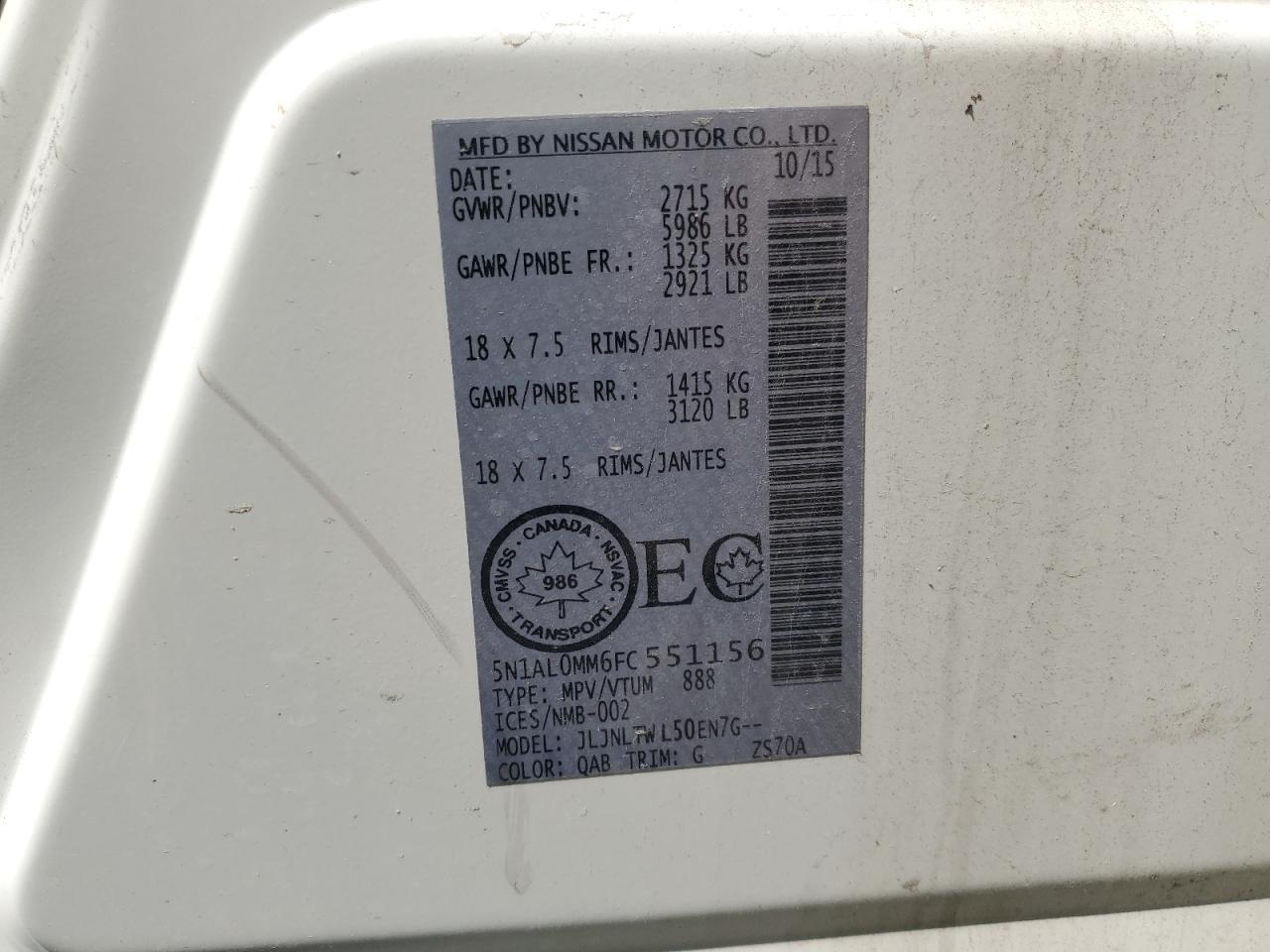 2015 Infiniti Qx60 VIN: 5N1AL0MM6FC551156 Lot: 66505755