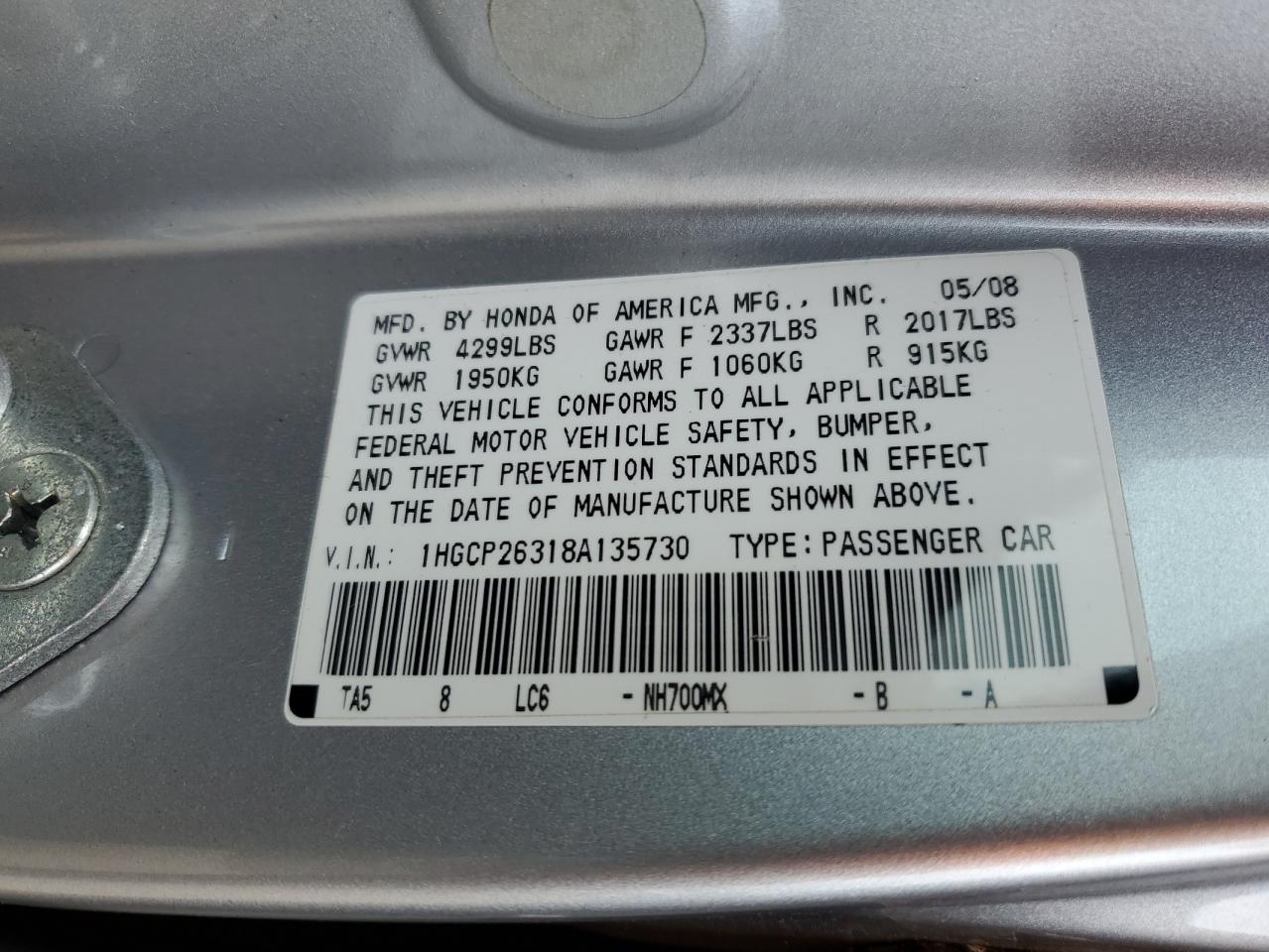 2008 Honda Accord Lx VIN: 1HGCP26318A135730 Lot: 64644235
