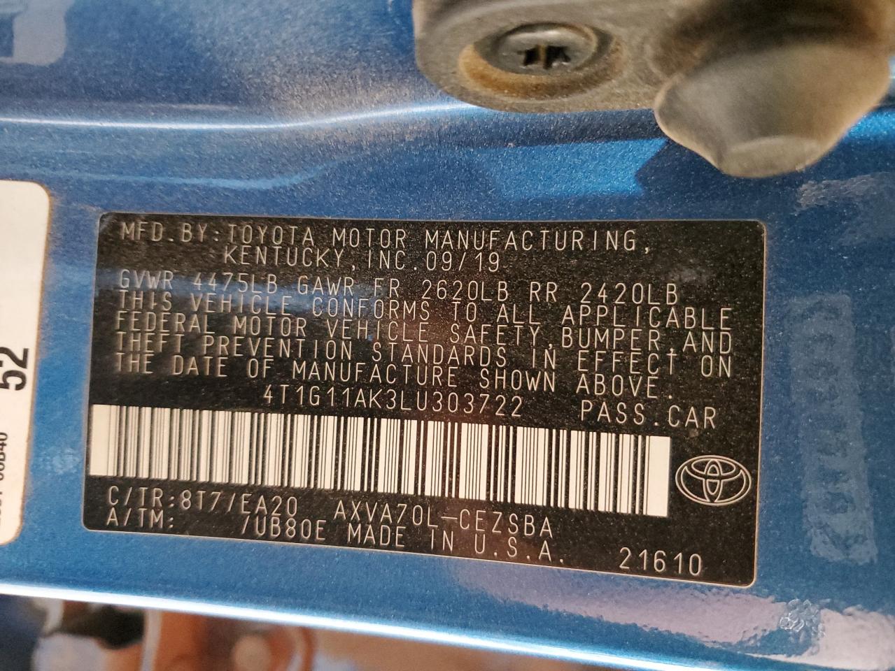 2020 Toyota Camry Se VIN: 4T1G11AK3LU303722 Lot: 65224315