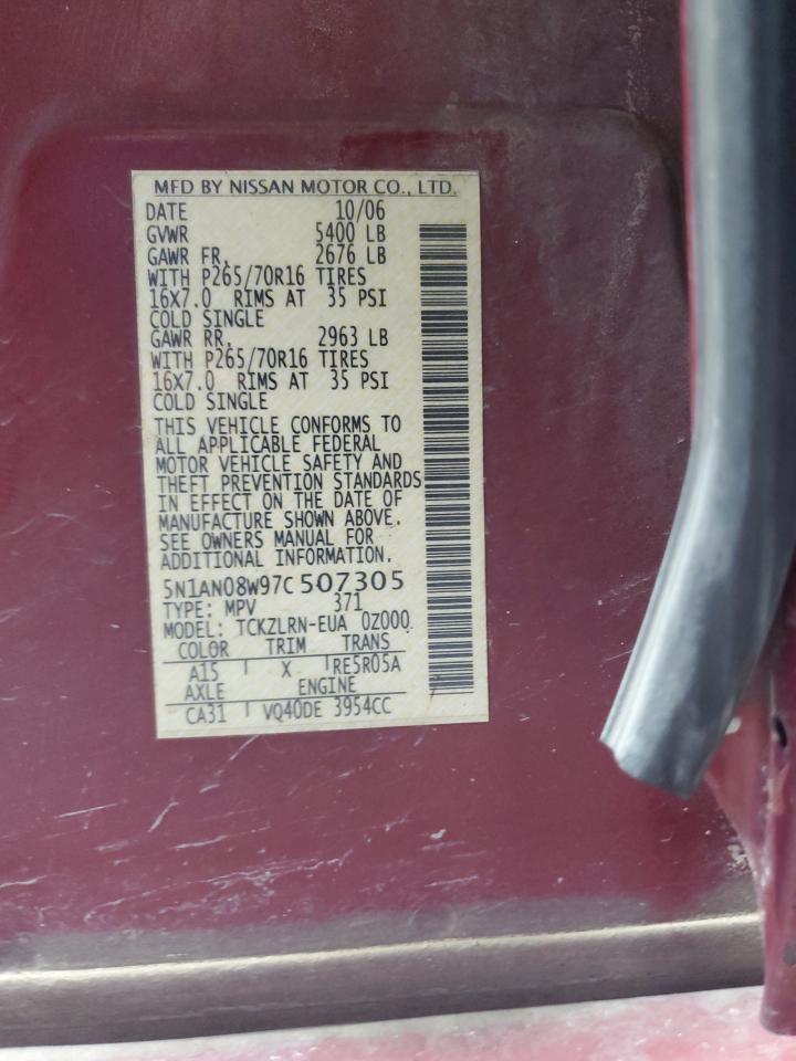 2007 Nissan Xterra Off Road VIN: 5N1AN08W97C507305 Lot: 67064725