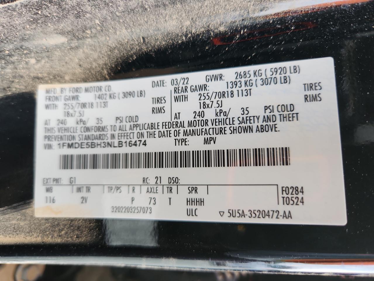 2022 Ford Bronco Base VIN: 1FMDE5BH3NLB16474 Lot: 64196585