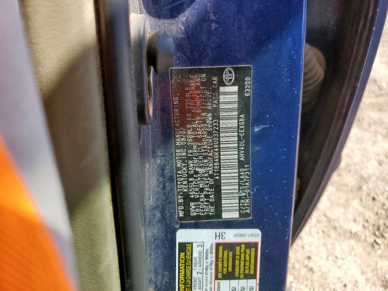 2008 Toyota Camry Hybrid VIN: 4T1BB46K48U037233 Lot: 64598265