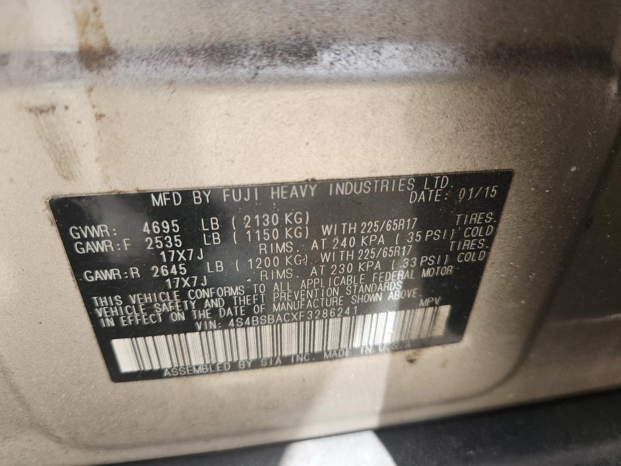 2015 Subaru Outback 2.5I VIN: 4S4BSBACXF3286241 Lot: 62958725