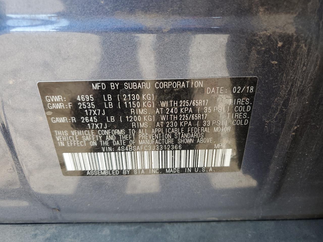 2018 Subaru Outback 2.5I Premium VIN: 4S4BSAFC3J3312366 Lot: 63292125