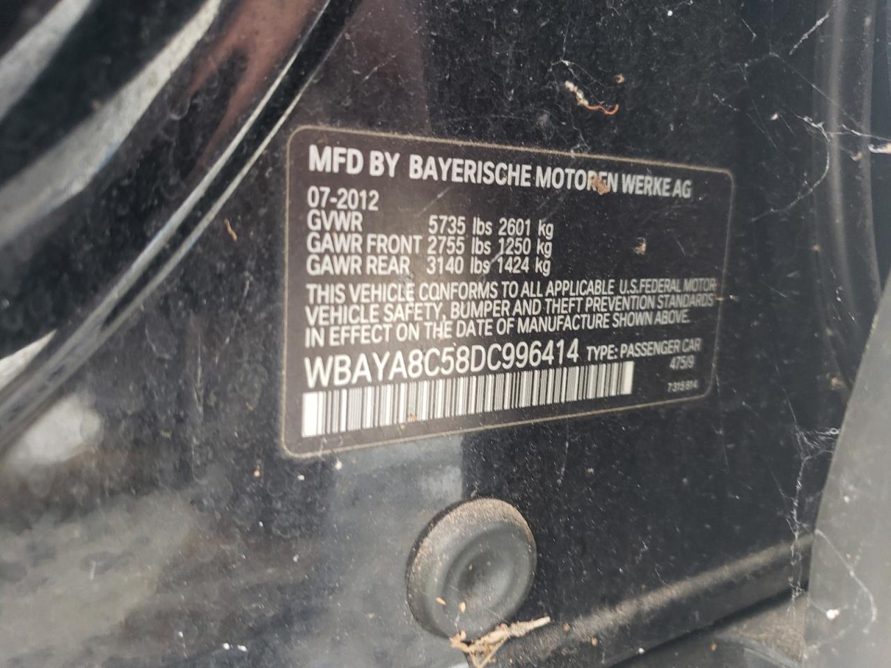 2013 BMW 750 I VIN: WBAYA8C58DC996414 Lot: 62928835